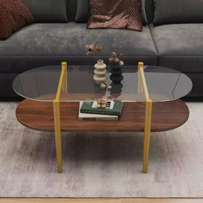 Oval Shaped Glass Coffee Table with Double Layer Transparent Glass, Brown MDF for Living Room