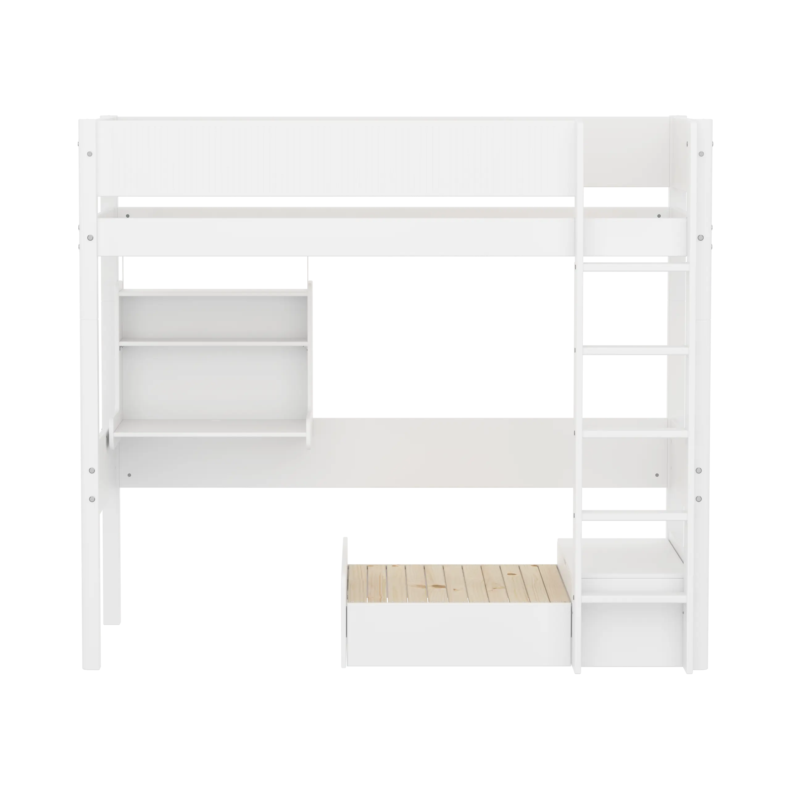 High Bed 184 cm with Sofa, Desk, Ladder and Safety Rail, 90x200 cm, White