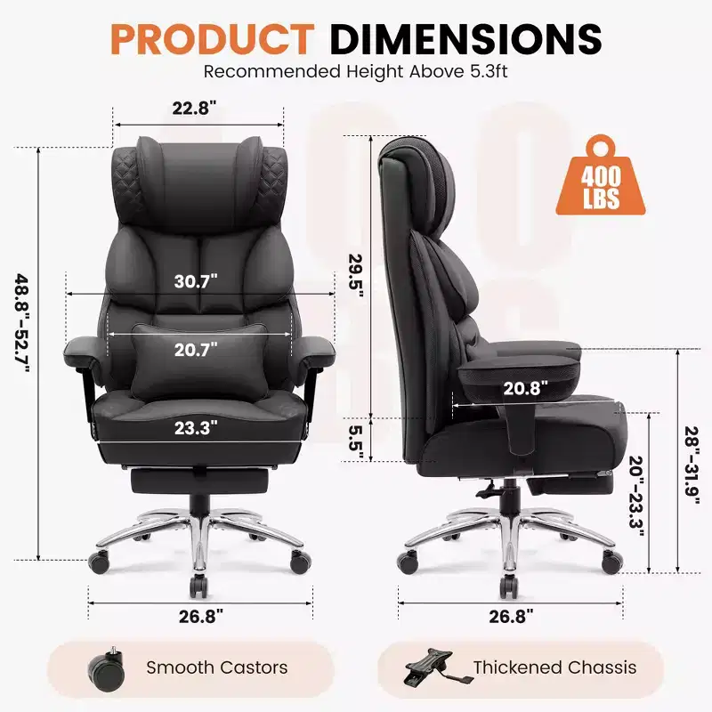 KERDOM Big and Tall Leather Chair with Footrest, Wide Ergonomic Comfy High Back Executive Chairs With Lumbar Support, Black