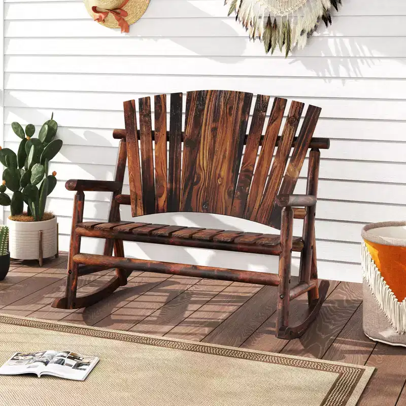 Costway 2-Person Outdoor Adirondack Rocking Chair with High Back and Slatted Seat