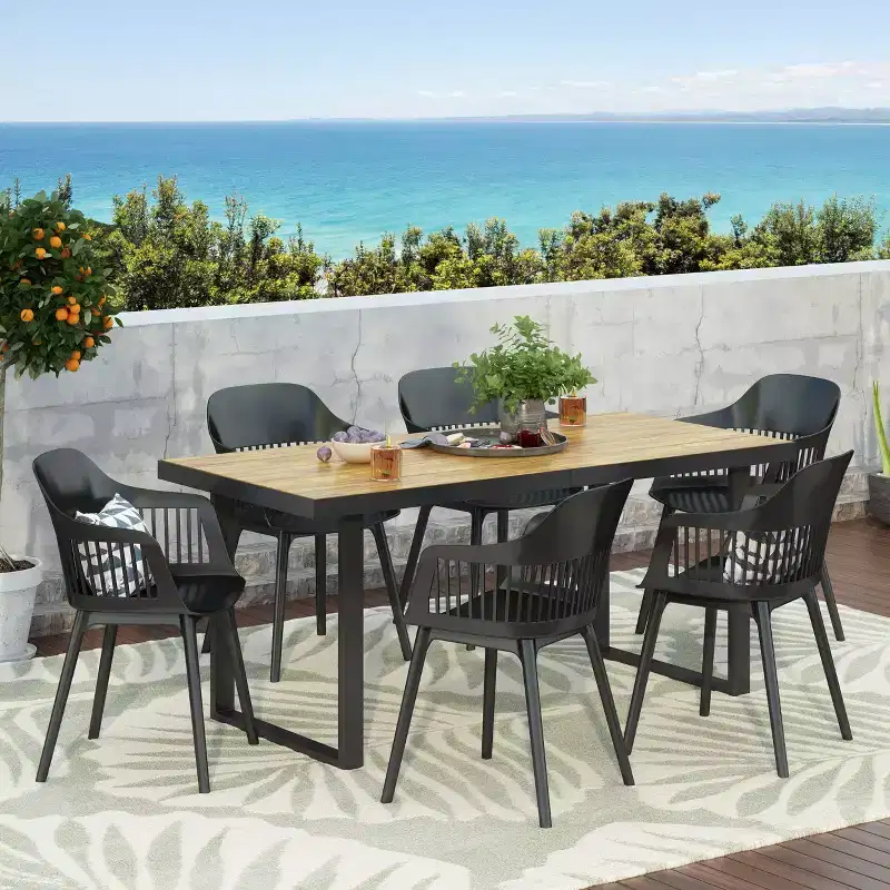 Christopher Knight Home Requeta Outdoor Acacia Wood and Resin 7 Piece Dining Set with 70.25 Dining Table, Black/Teak