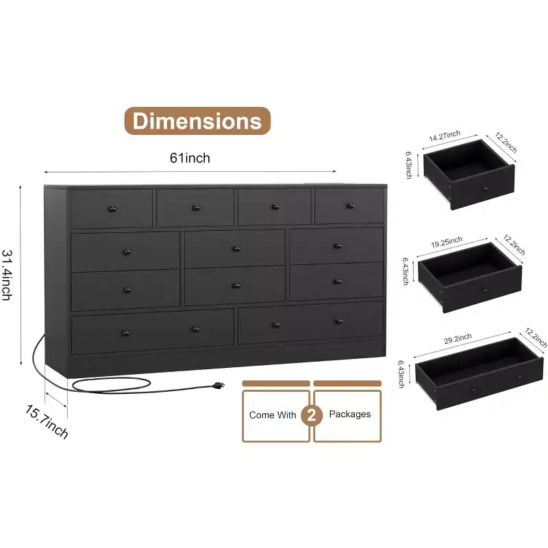 12 Drawer Dresser for Bedroom with Power Outlet, 61 Inch Wooden Storage Cabinet for Bedroom, Closet, or Living Room