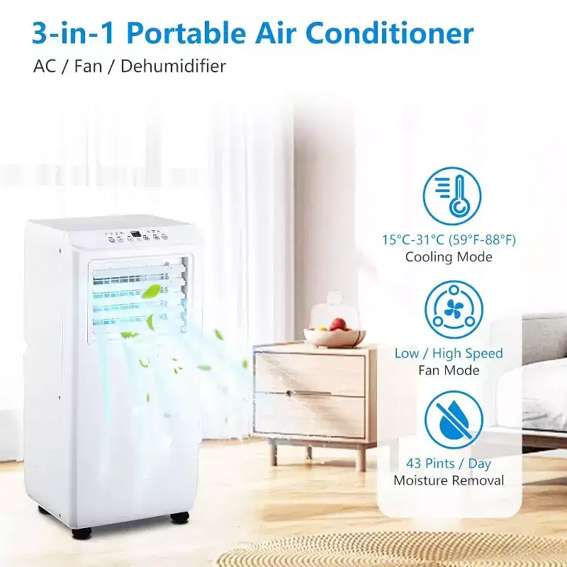 GustoWave 3-in-1 Portable 10000 BTU Air Conditioner for Room up to 450 Sq. Ft. Home and Office Use
