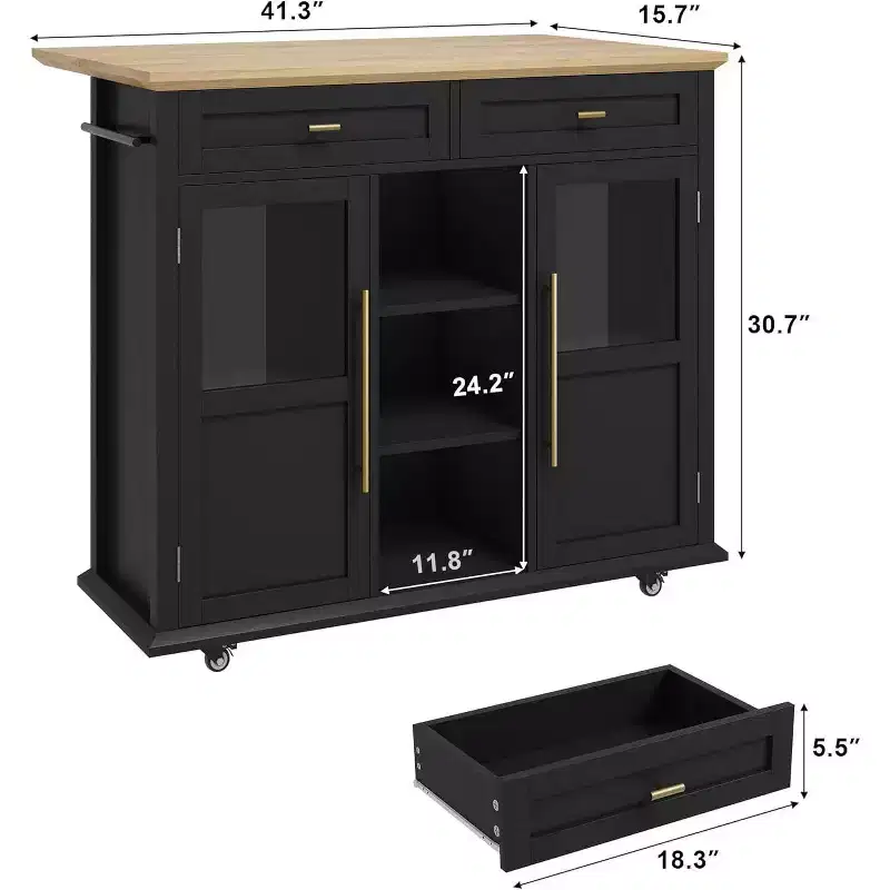 Acekool 41 Mobile Farmhouse Kitchen Island with Drop Leaf, Glass Door Cabinets, Open Shelves, 2 Drawers, Towel Bar, Black/Wood
