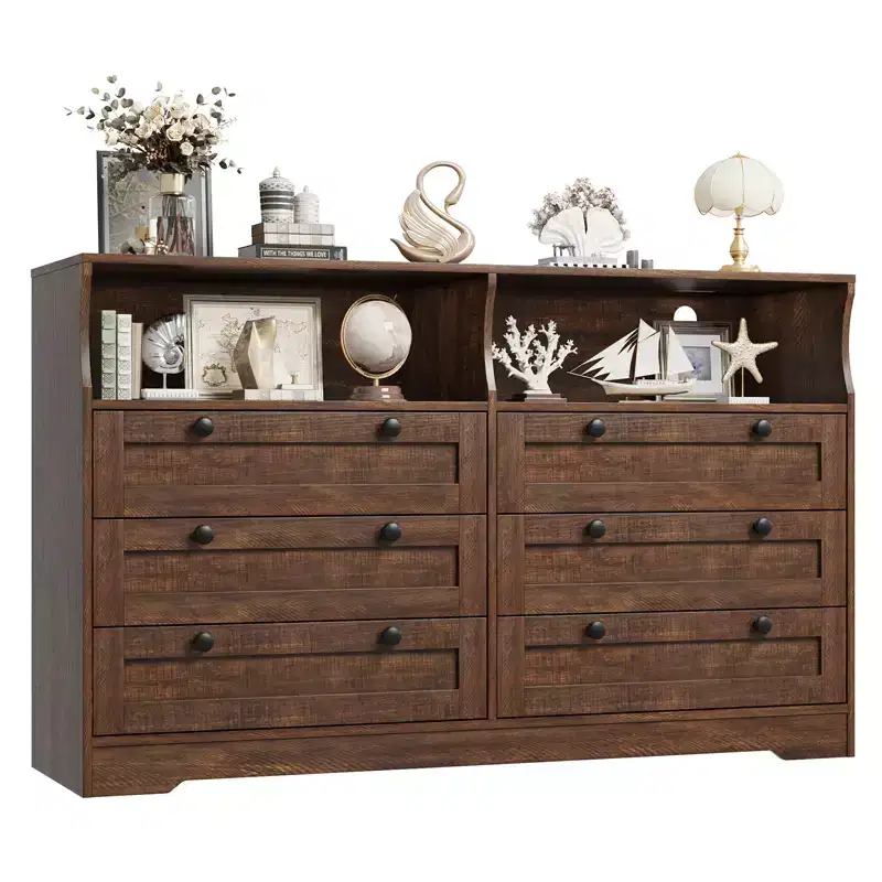 6 Drawer Wood Dresser with LED Lights and Power Outlet, 55 in. Wide TV Stand for Bedroom, Living Room