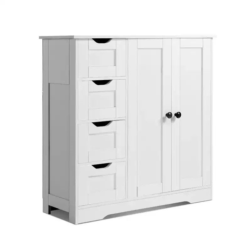 VEVOR Bathroom Floor Cabinet, 3-Tier, Wooden Storage Organizer with 2 Doors, 4 Drawers and Adjustable Shelf,for Kitchen/Living Room/Entryway Use,White