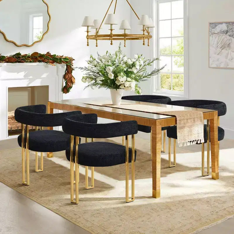Set of 4 Modern Upholstered Dining Chairs with Armrests, Curved Backrest, Gold Metal Legs, Dining Room Chairs for Kitchen or Dining Area-Panipeachy