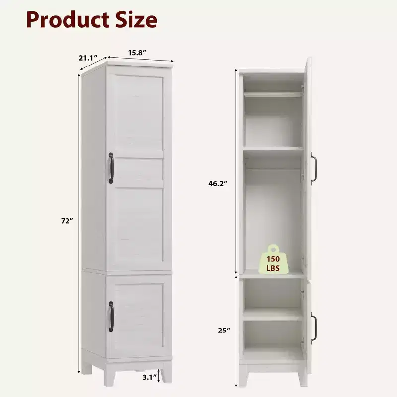 Armoire Wardrobe Closet with 2 Doors,72'' Wooden Wardrobe Cabinet with Hanging Rod, Narrow Tall Clothing Armoire Cabinet for Bedroom