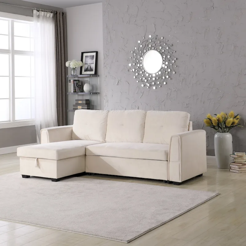 91 Wide Velvet Storage Sectional Reversible Sleeper Sofa & Chaise