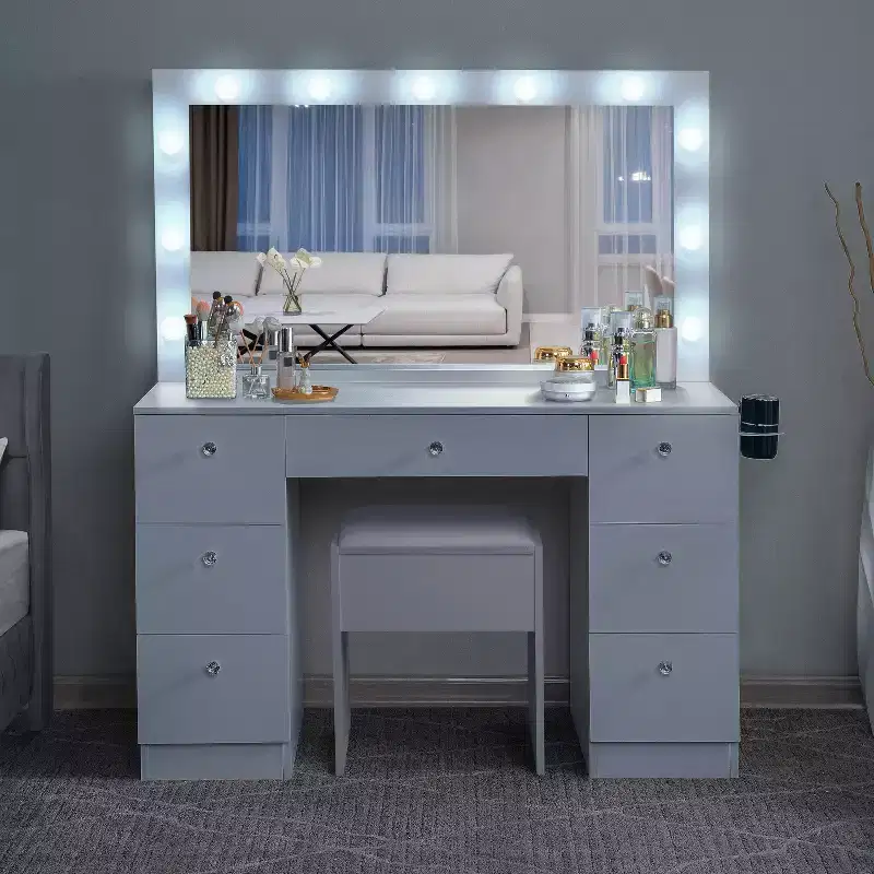 Vanity table with Mirrors, LED Lights, Makeup Table with 7 Drawers & Stool