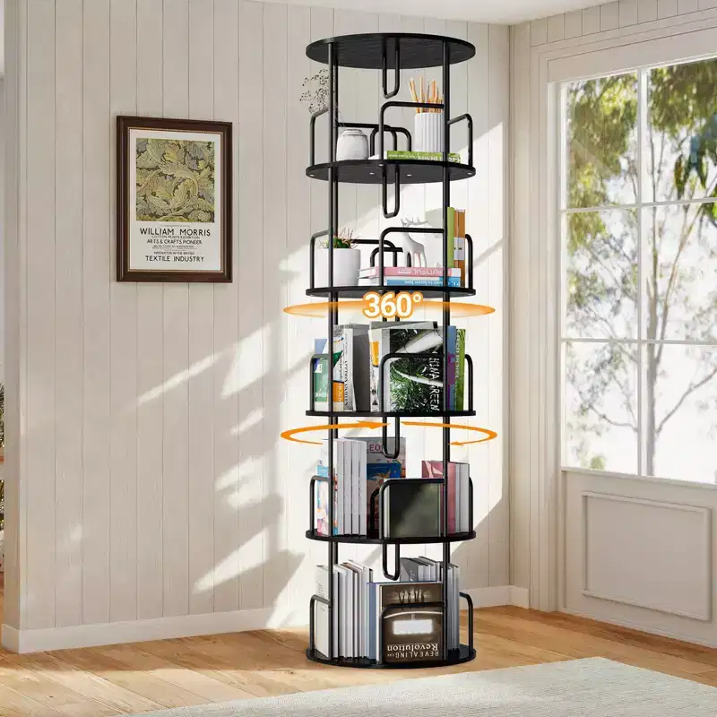 62 5-Tier 360 Rotating Bookshelf Tower, Black MDF+Iron Narrow Tall Spinning Bookcase (Space-Saving Storage Organizer)