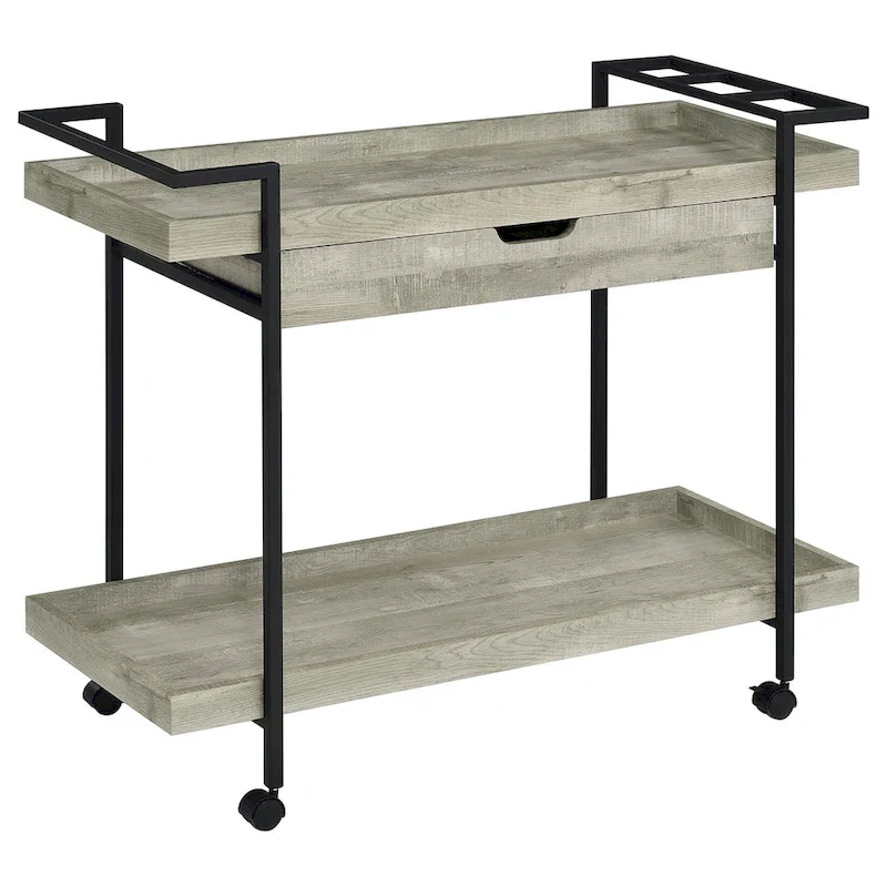 40 Inch Rolling Bar Cart, 2-Tier with Drawer, Gray Wood & Black Metal
