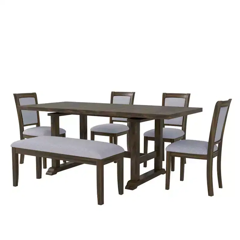 Whisen Updated 6-Piece Rustic Kitchen Extendable Dining Table Set, 76.9 Trestle Dining Table & 4 Upholstered Dining Chairs, 1 Bench