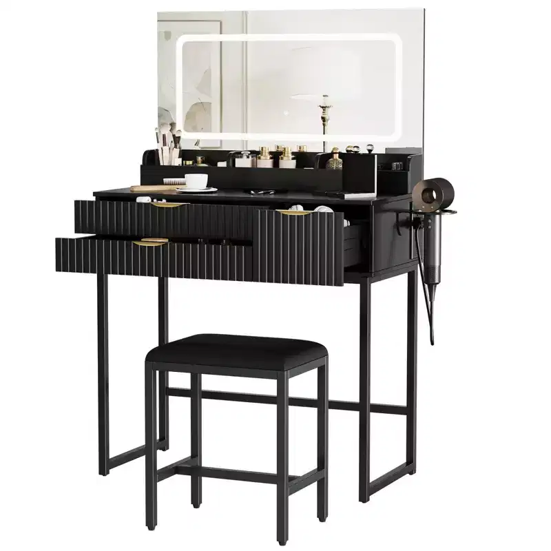 Black Vanity Desk with LED Mirror, 2 Drawers & Stool, 1-Person
