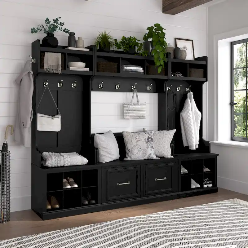Woodland 40W Shoe Bench w/ Shelves & Wall Coat Rack by Bush Furniture