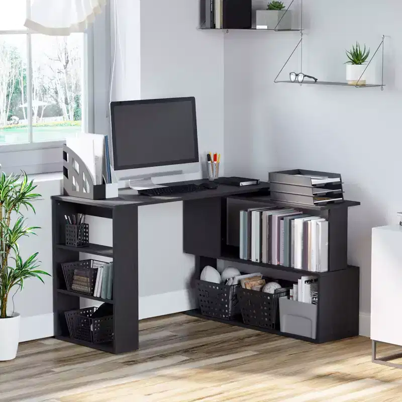 HOMCOM 360 Rotating Home Office Desk L Shaped Corner Computer Desk with Storage Shelves, Writing Table Workstation, Black