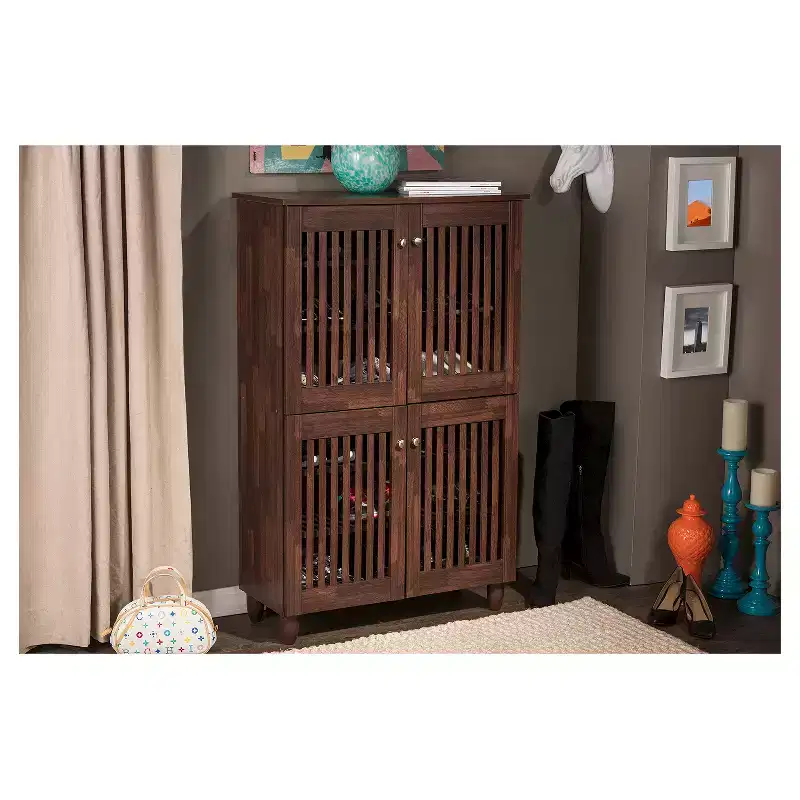 4-Door Tall Shoe Storage Cabinet, Oak Brown, Holds 18 Pairs, Magnetic Close, 48H
