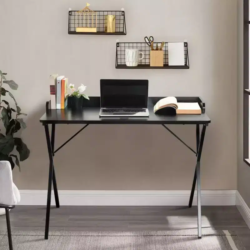 FurnitureR 40 Computer Desk with Grid Storage Shelf, Gaming Desk with Sturdy X-Shaped Metal Frame, Home Office Writing Table for Gaming & Study,Black