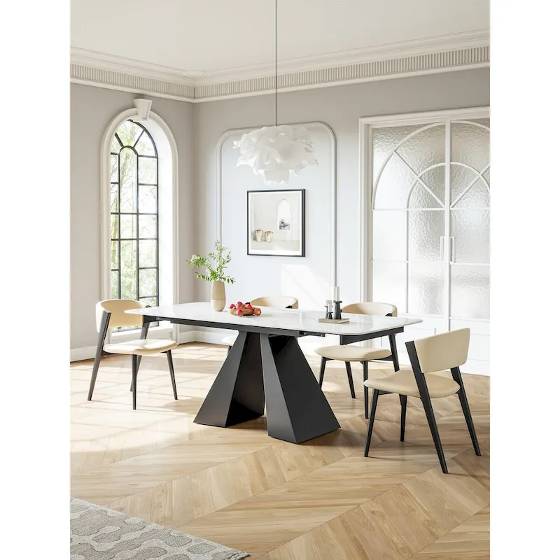 Rectangular Extendable Dining Table with Stone Top and Metal Base