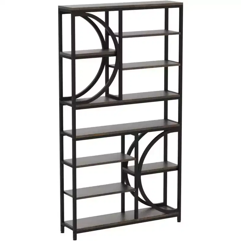 77-Inch Industrial 8-Tier Etagere Bookcase with Metal Frame, Tall Open Display Shelves for Home Office, Brown/Black