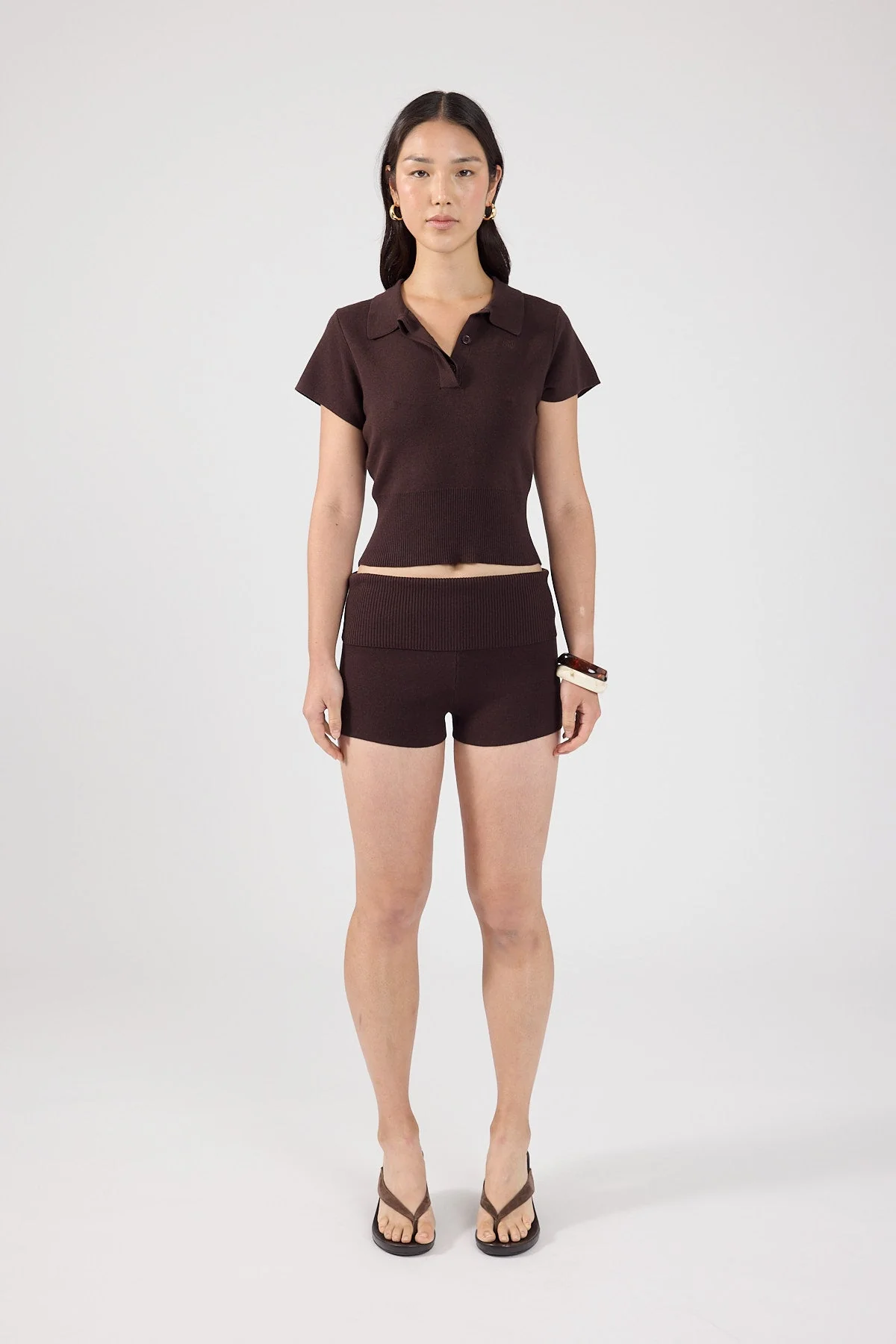 Knit Polo Top Brown