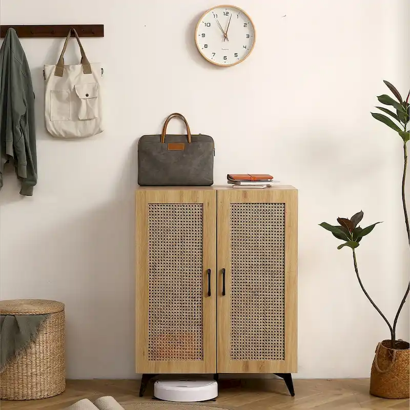 Rattan Mesh Double-Door Shoe Cabinet with Large Storage Space and Durable Structure