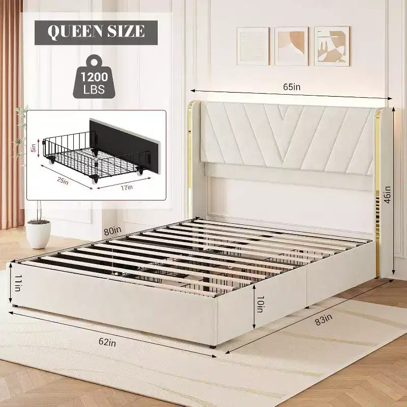 Queen Bed with LED Lights & Storage Drawers