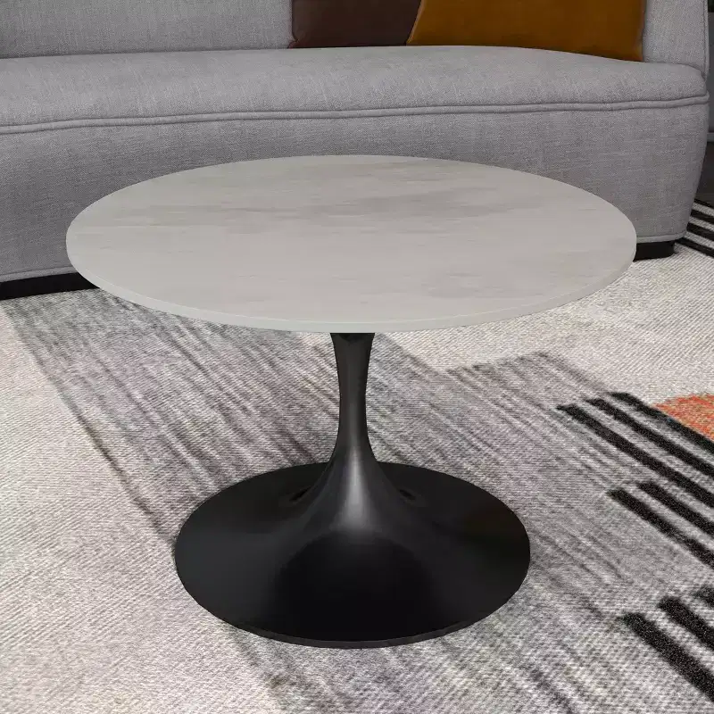 LeisureMod Verve 27 Round Coffee Table - Modern Resin Top with Black Steel Pedestal Base Accent Table for Contemporary Living Room