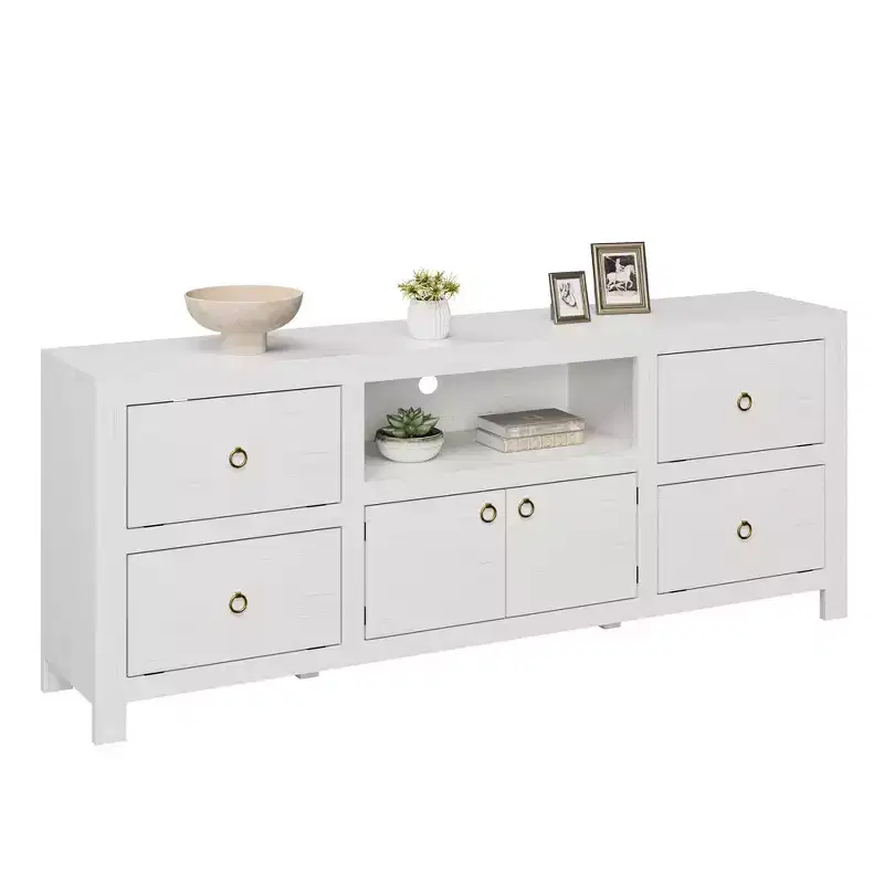 Farmhouse-style TV stand for 80-inch TVs, with 6 storage drawers and a speaker rack, suitable for living rooms and bedrooms.