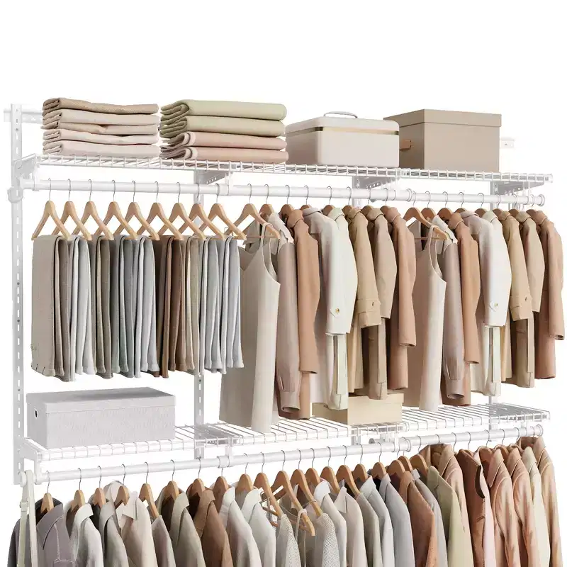 Adjustable Closet Organizer System - 4-8 ft Metal Shelving Unit with 6 Rods & 6 Shelves, 414 lb Capacity, Cloud White