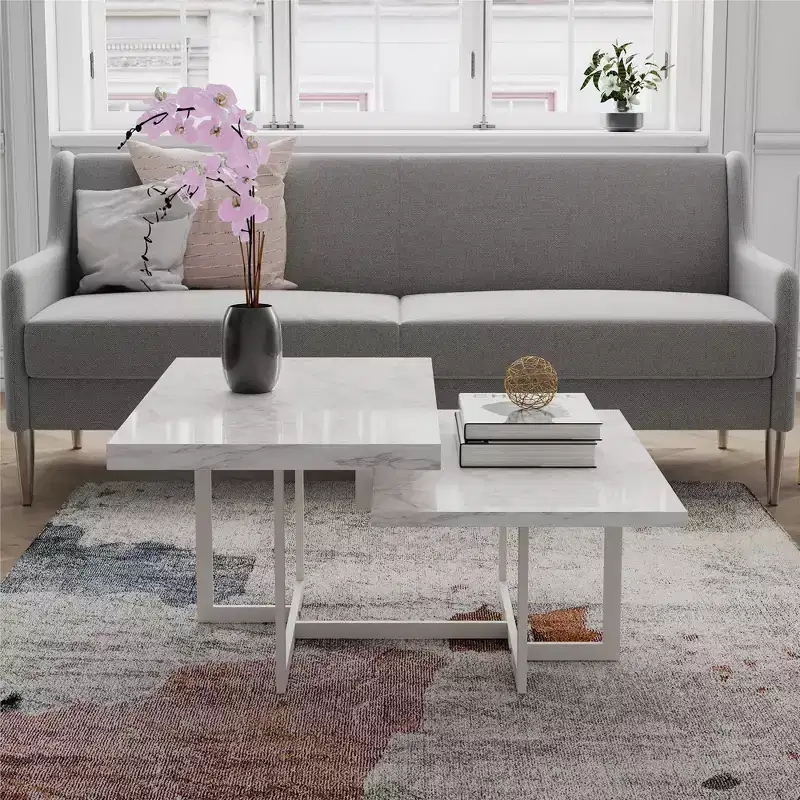 Two-Tier Faux Marble Coffee Table with Metal Base