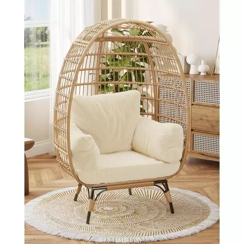 Oversize Wicker Egg Chair, Comfortable Wicker Patio Lounge with Sturdy Frame, Modern Egg-Shaped Design