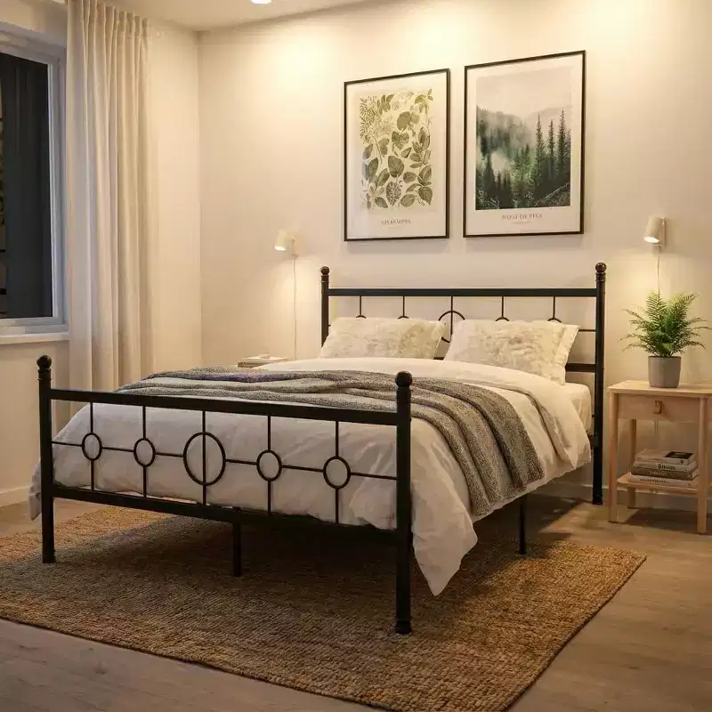 Vintage Circular Metal Bed Frame, Heavy Duty Iron Platform, Noise-Free, Easy Assembly, No Box Spring Needed,Twin/ Full/ Queen/ King Size