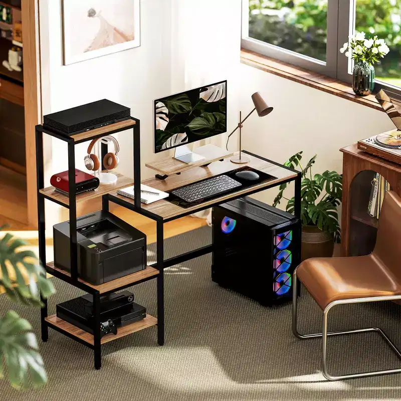 HOMCOM Computer Desk with Monitor Stand, 4-Tier Reversible Home Office Desk with Printer Shelf or CPU Stand, Industrial Writing Desk, Brown