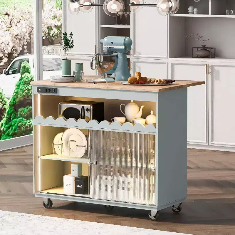 Acekool Rolling Kitchen Island with Sliding Fluted Glass Doors, Ambient Glow, Rubberwood Countertop, Power Outlets, Gray Blue