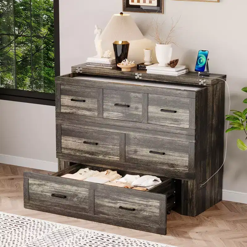 Foldable Murphy Bed with Charging Station and Storage Drawer