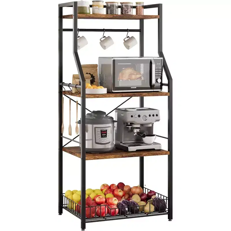 Kitchen Bakers Rack, Microwave Oven Stand with Large Wire Basket, Industrial Coffee Bar Station, 4-Tier Kitchen Utility Storage Shelf