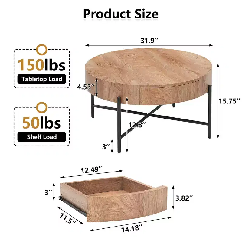 Round Coffee Table with Drawers Farmhouse Coffee Table with Storage Wood Accent Center Table Natural Coffee Table for Living Room