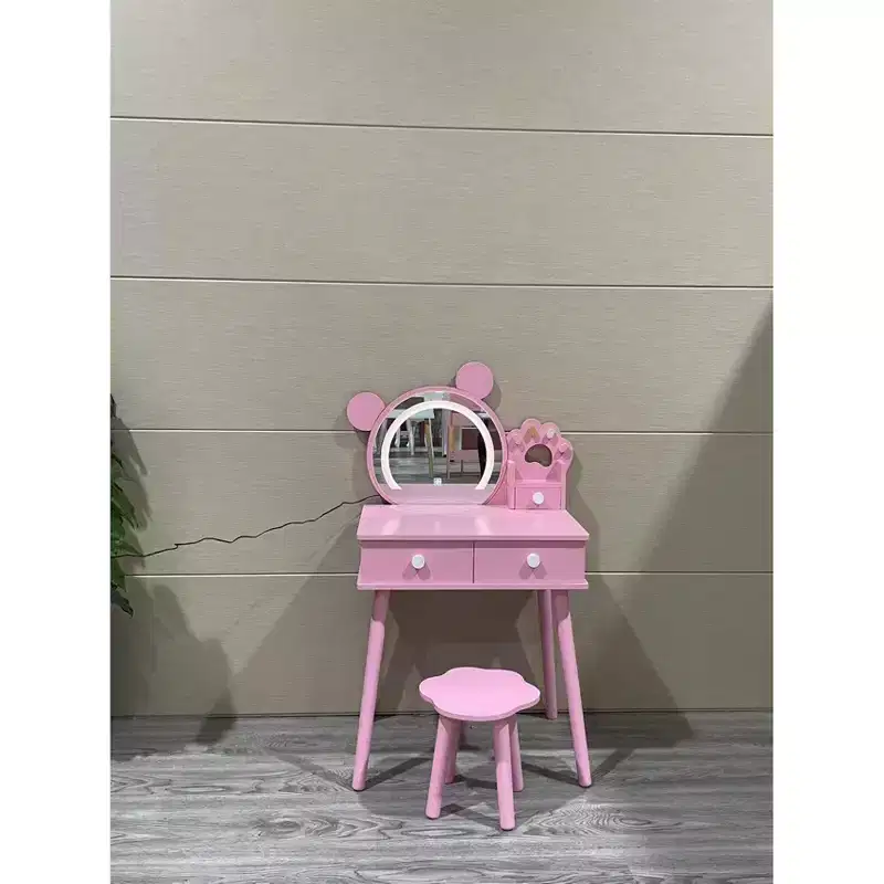 Bear-shaped mirror with bear paw-shaped handles Children's vanity set with 2 drawers Floral-patterned stool Touch-activated three-color mirror White