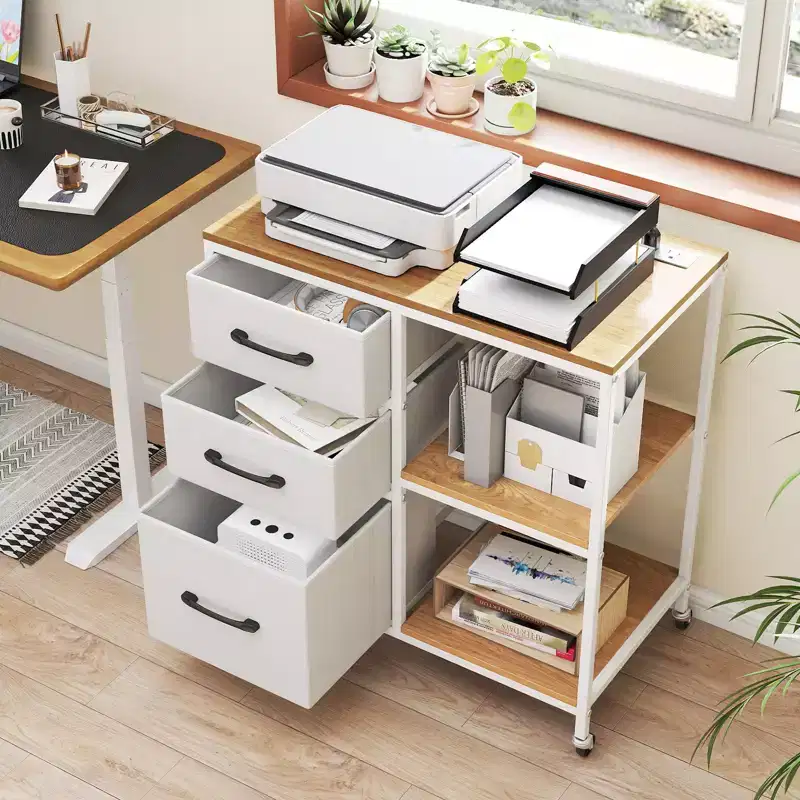 3 Drawer Mobile File Cabinet with Charging Station and Open Storage Shelves for Home Office