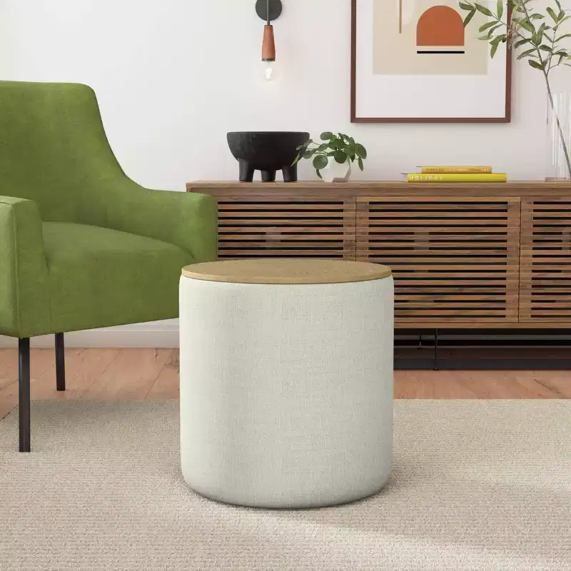 Wood Top Storage Ottoman Light Gray: Upholstered, Round, Padded, Wooden Frame
