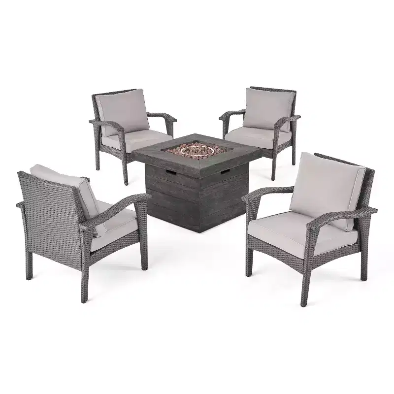 GDFStudio Rocco Outdoor Wicker 5 Piece Club Chair and Fire Pit Set with Cushions