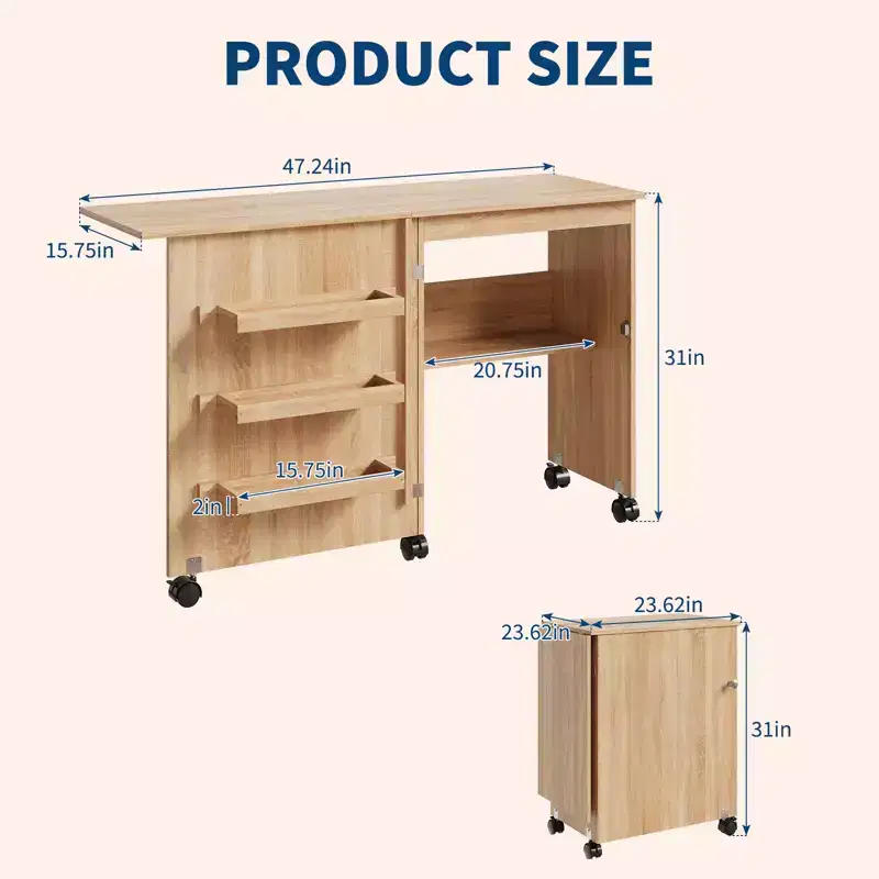 Space-Saving Folding Sewing Machine Table Cabinet, Multipurpose Craft Station w/ Lockable Wheels, Storage Shelves, Pegs & Magnetic Locks