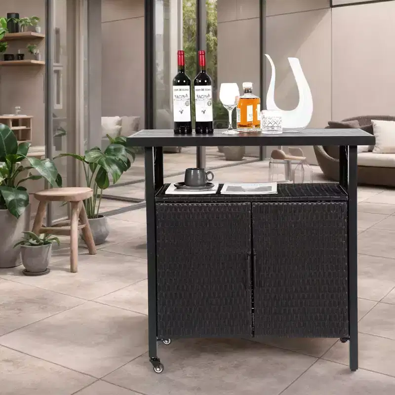Bar Serving Cart Outdoor Wicker Wine and Beverage Storage with Plastic Wood Top for Patio, Black, 35.43*19.69*35.43