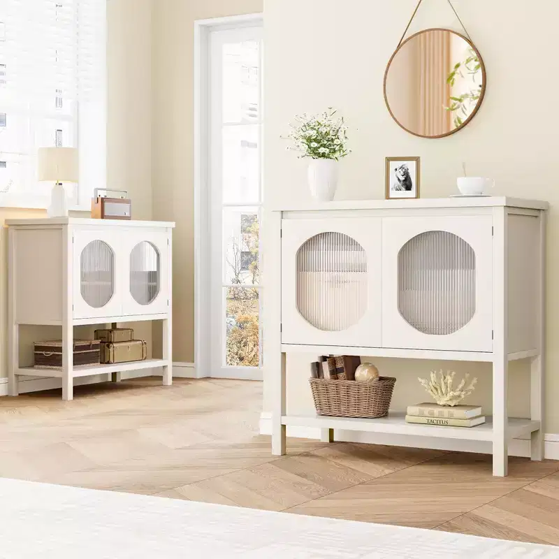Modern Reeded Glass Cabinet, Storage Buffet Sideboard for Kitchen Dining Room