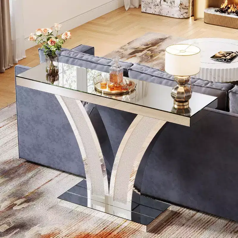 Mirrored Console Table, Modern Silver Entryway Sofa Table with Crystal Inlay Frames for Living Room, Hallway, Foyer