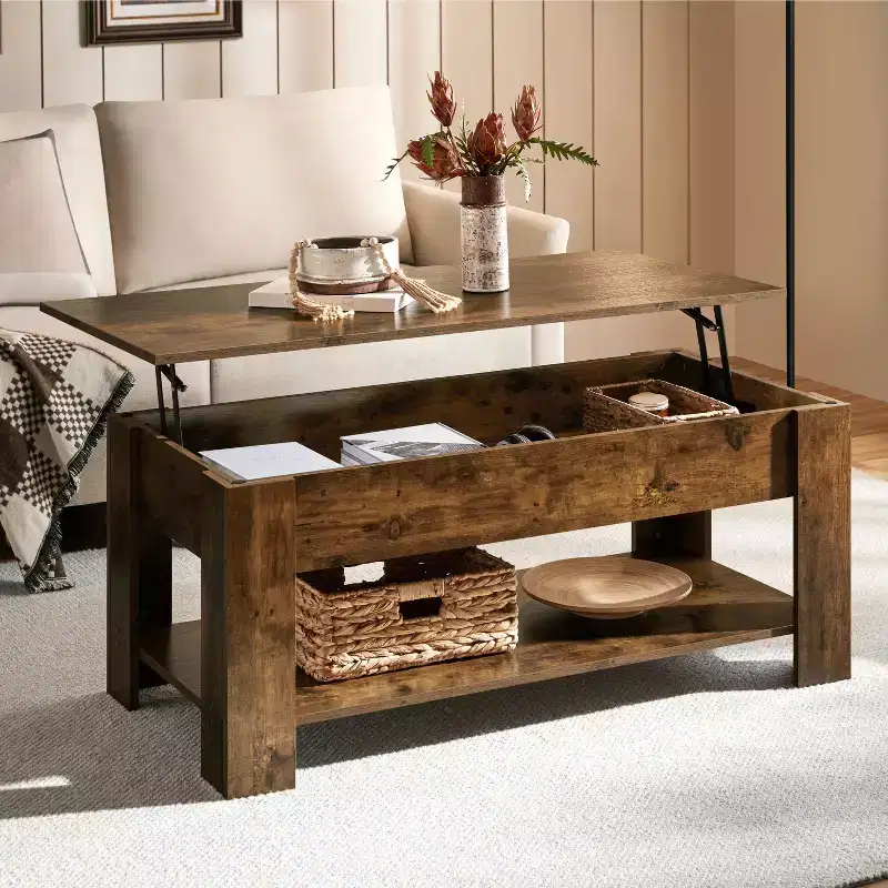 Lift Top Coffee Table with Hidden Compartment & Open Shelf For Living Room