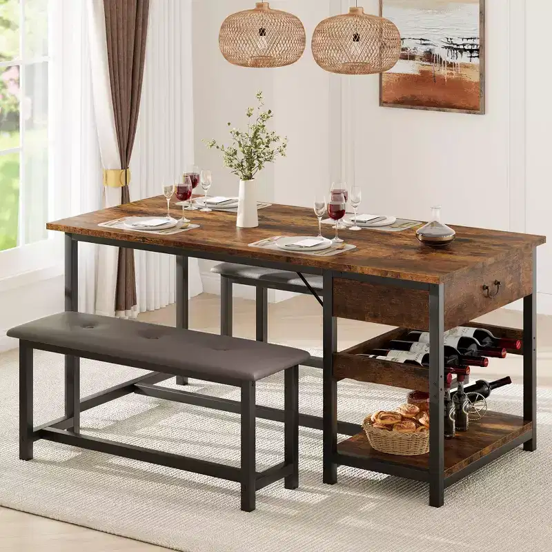 Dining Table Set for 4, Dining Room Table with Storage Drawers & Wine Rack, Kitchen Dining Table Set with Upholstered Benches for Dining Room-Grey
