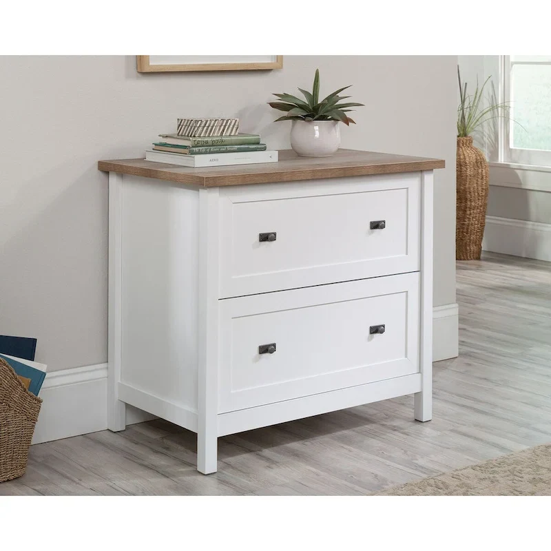 White 2-Drawer Lateral File Cabinet with Oak Accent Top, Single-User