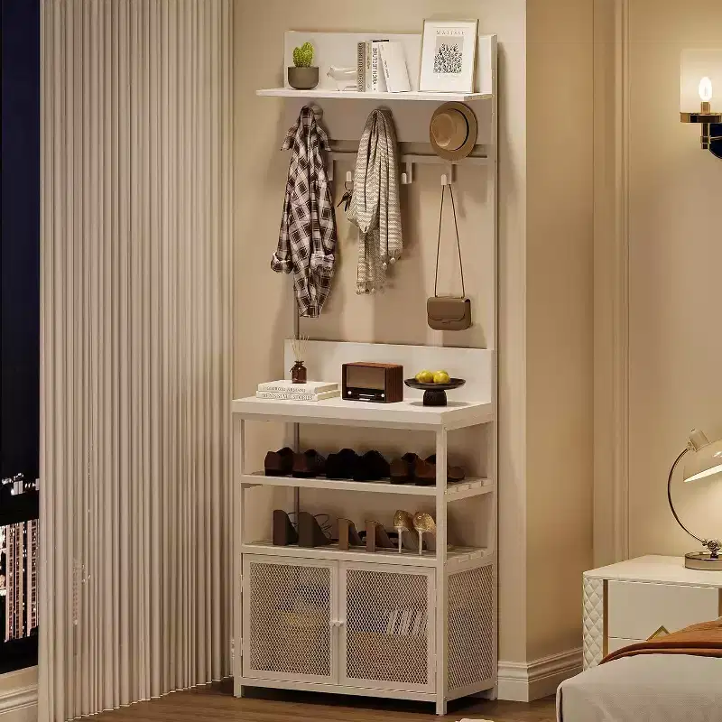 Hall Tree Coat Rack, 185cm White Narrow Entryway Organizer  7 Hooks 3-Tier Shoe Shelf Metal Frame MDF Cabinet for Mudroom/Bedroom/Hallway